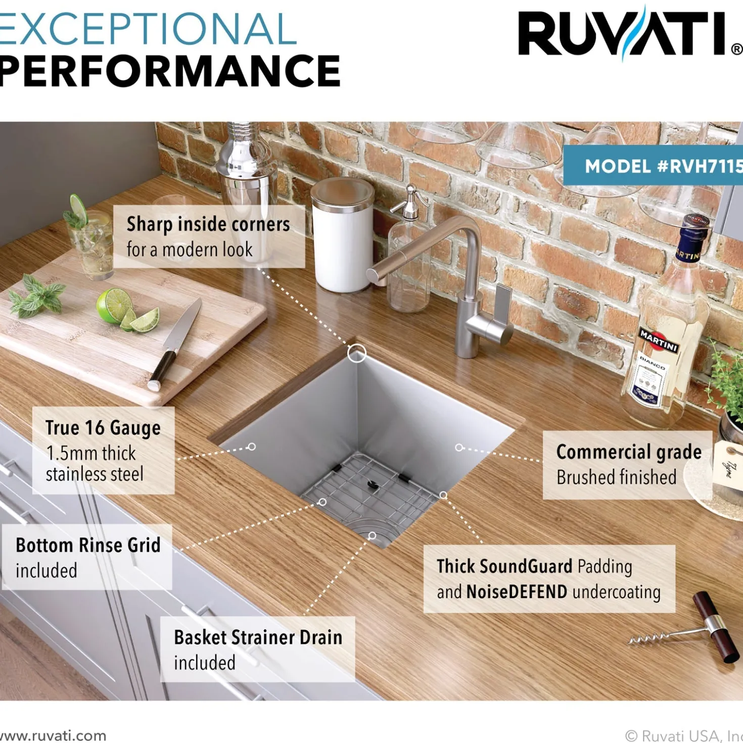 Ruvati RVH7115 15 x 15" Undermount 16 Gauge Zero Radius Single Bowl Bar Prep Square Kitchen Sink