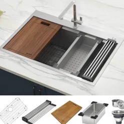 Ruvati RVH8030 30 x 22" Workstation Drop-in Tight Radius Topmount 16 Gauge Ledge Stainless Steel Single Bowl Kitchen Sink