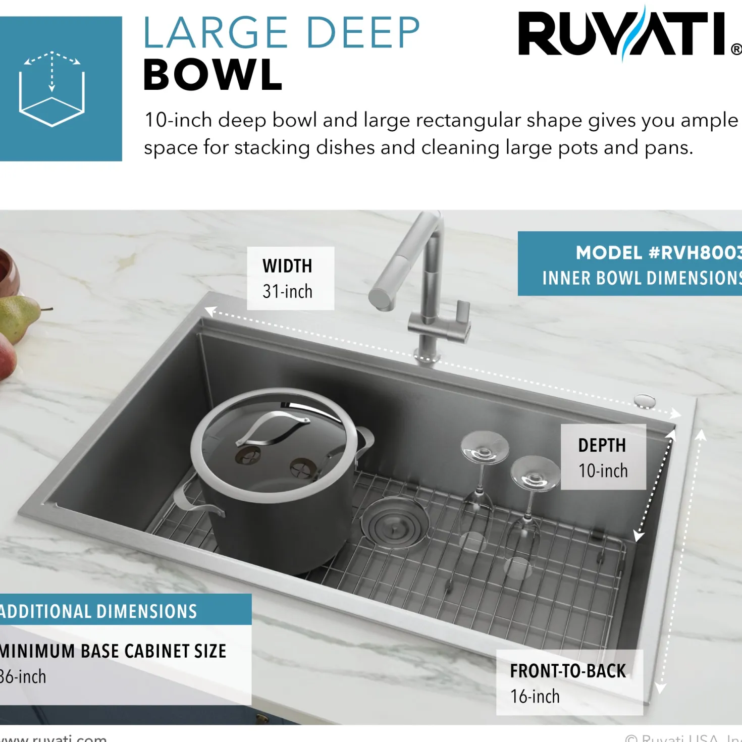 Ruvati RVH8030 30 x 22" Workstation Drop-in Tight Radius Topmount 16 Gauge Ledge Stainless Steel Single Bowl Kitchen Sink