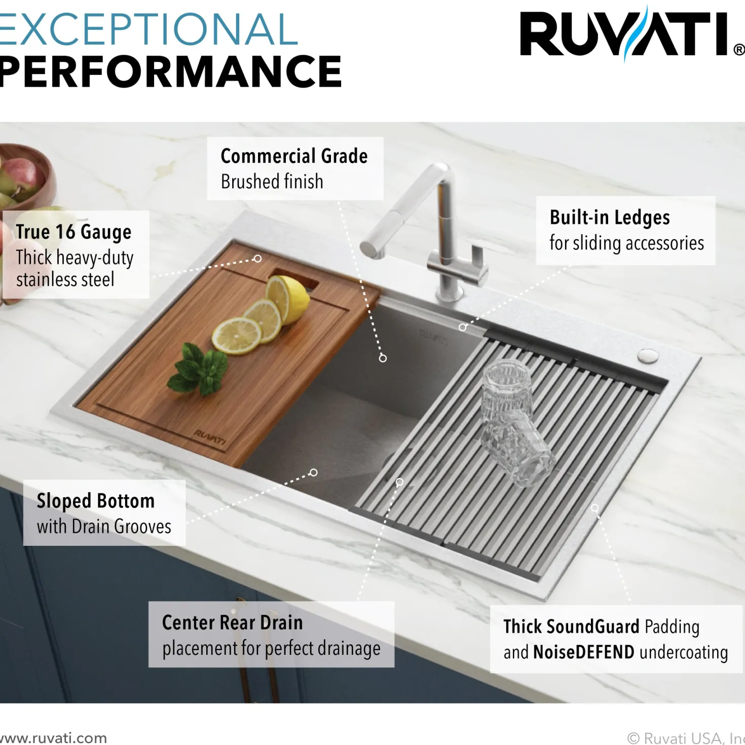 Ruvati RVH8030 30 x 22" Workstation Drop-in Tight Radius Topmount 16 Gauge Ledge Stainless Steel Single Bowl Kitchen Sink