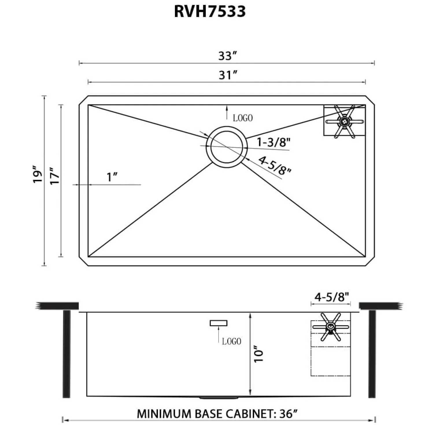 Ruvati 33" Single Bowl Kitchen Sink with Glass Rinser
