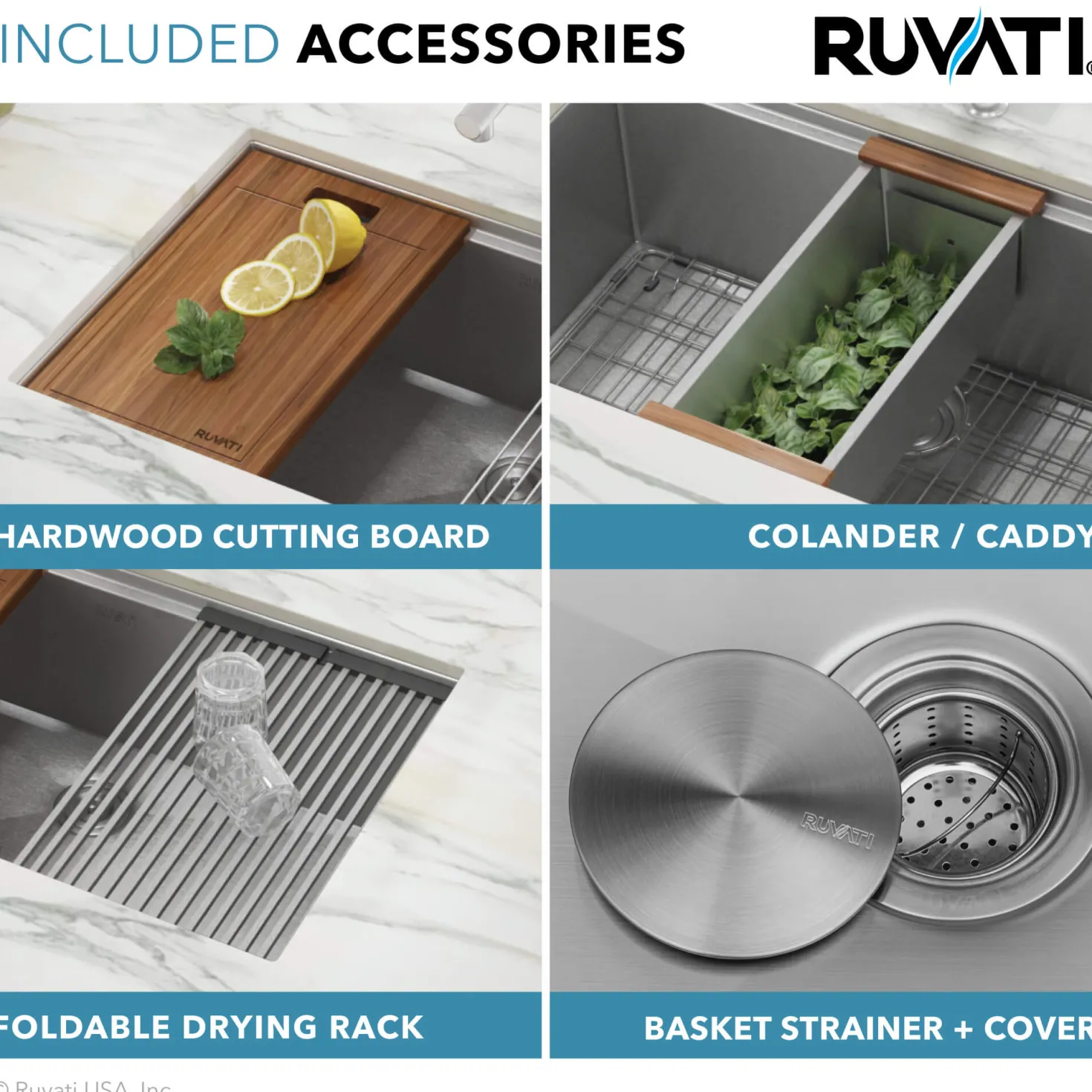 Ruvati 33" Single Bowl Workstation Sink with Small Radius Corners