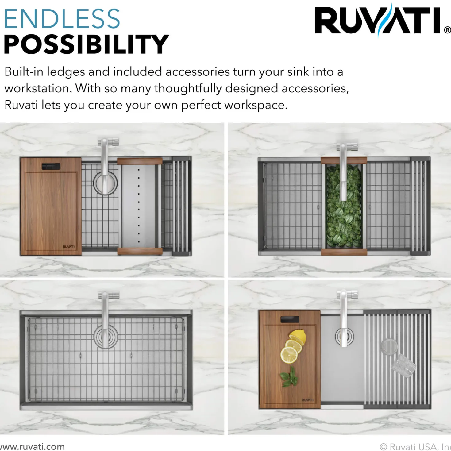 Ruvati 33" Single Bowl Workstation Sink with Small Radius Corners