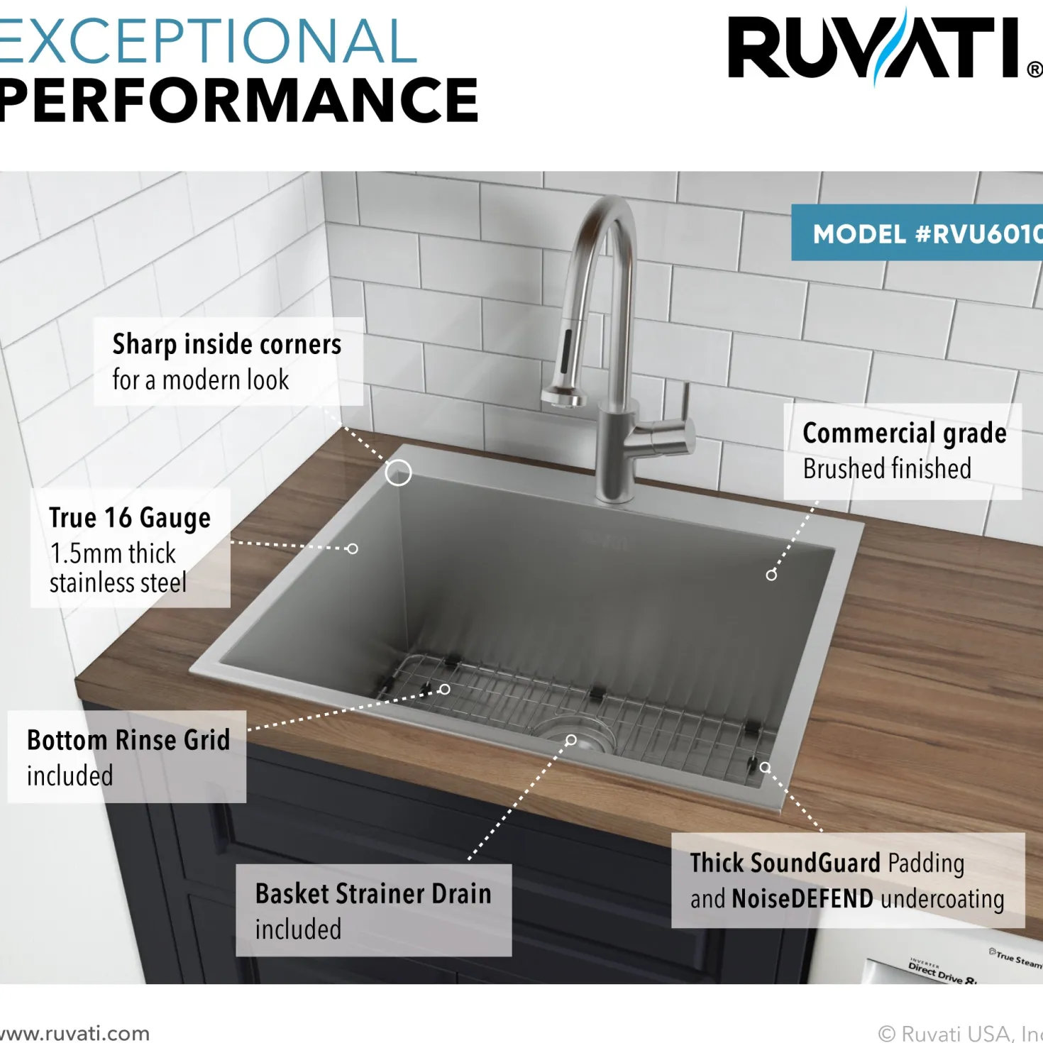 Ruvati Topmount 25" x 22" x 12" 16 Gauge Stainless Steel Laundry Utility Sink