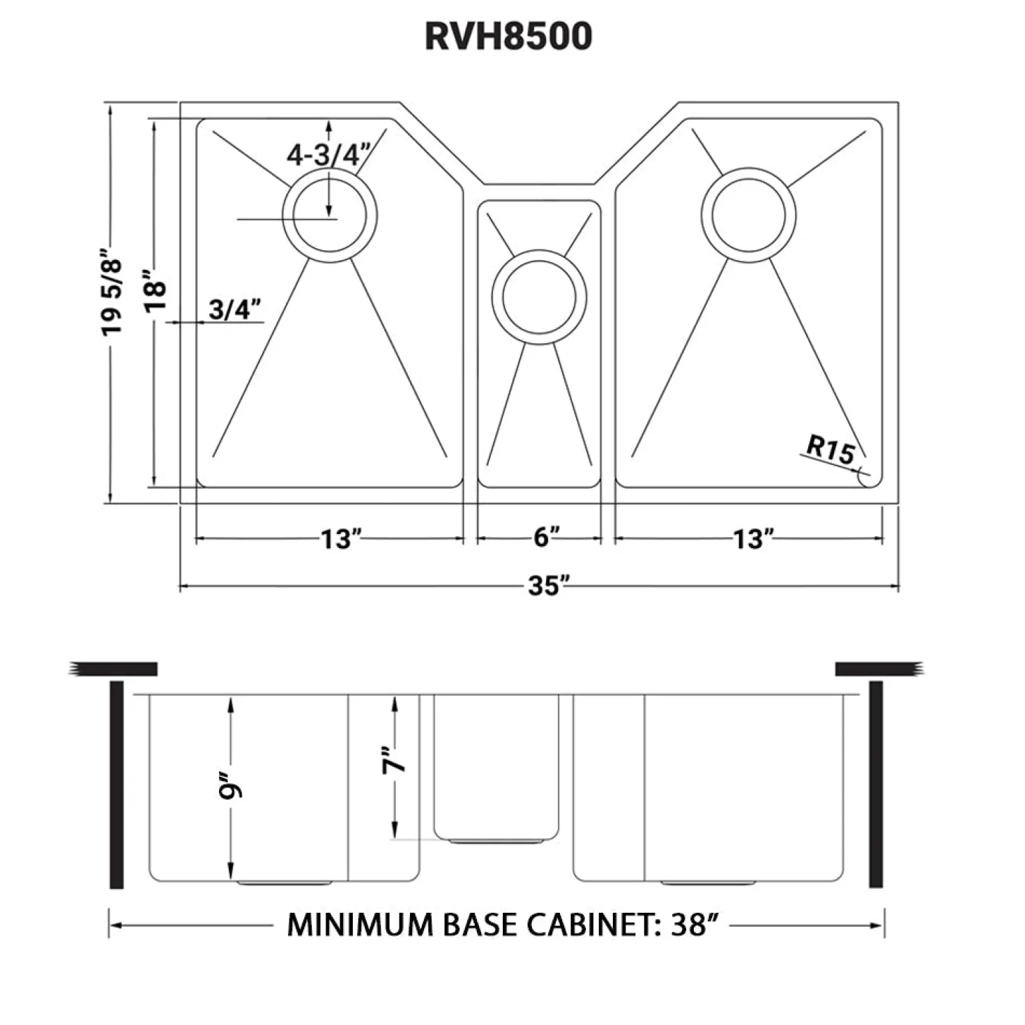 Ruvati 35" Triple Bowl Undermount 16 Gauge Stainless Steel Kitchen Sink