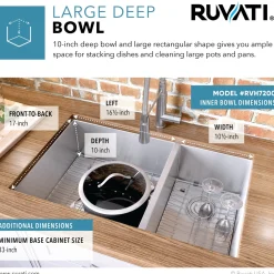 Ruvati 29" Undermount 60/40 Double Bowl Zero Radius 16 Gauge Stainless Steel Kitchen Sink