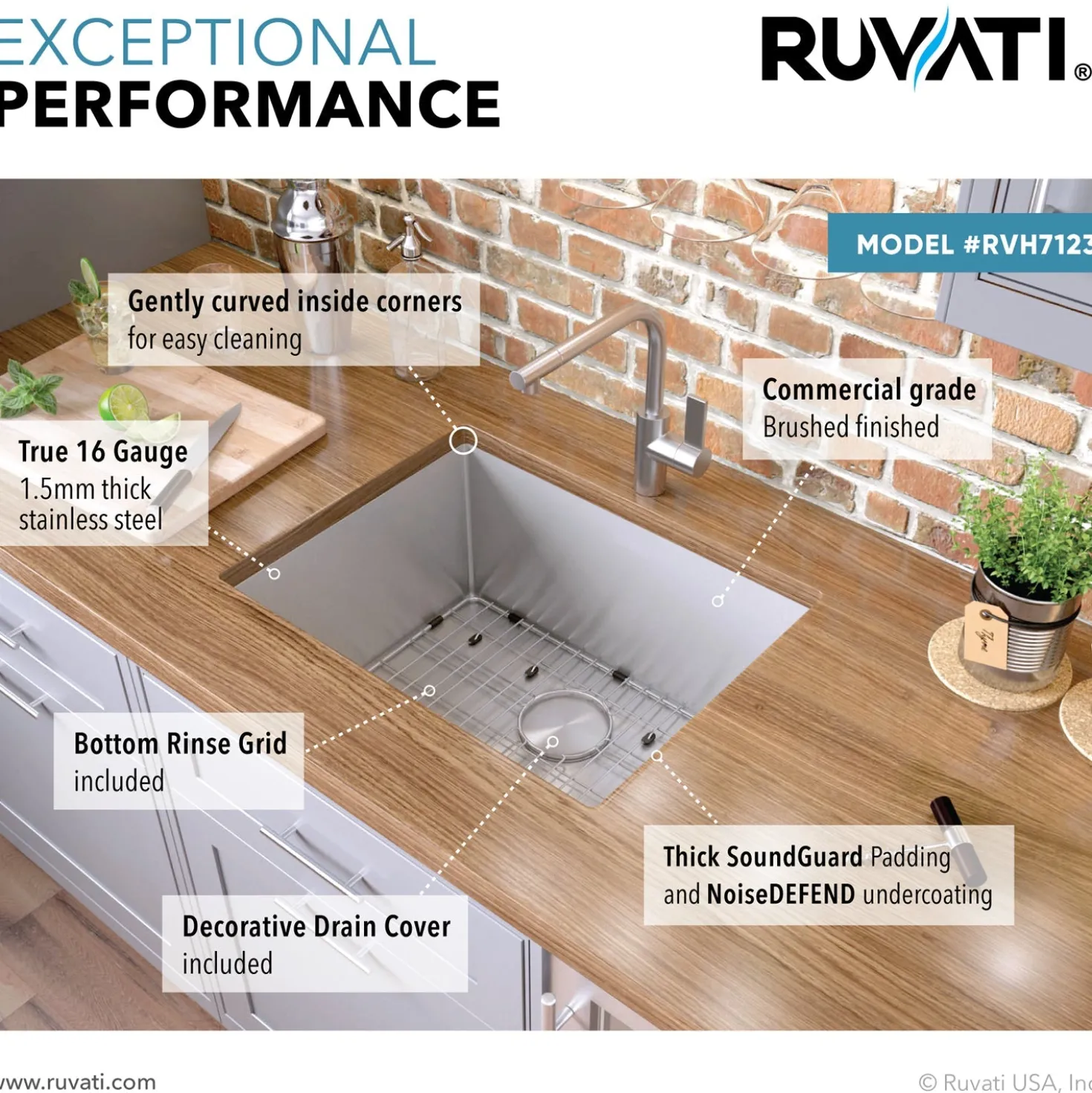 Ruvati 23" Undermount 16 Gauge Single Bowl Kitchen Sink