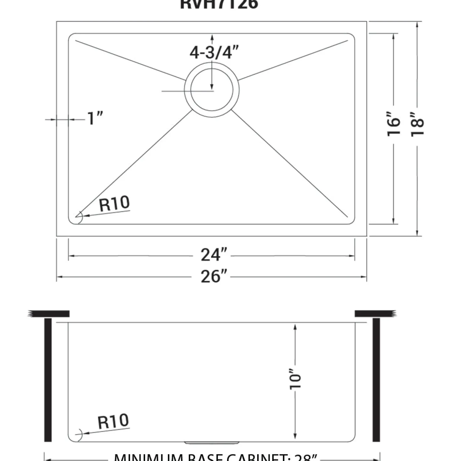 Ruvati 26" Undermount 16 Gauge Single Bowl Kitchen Sink