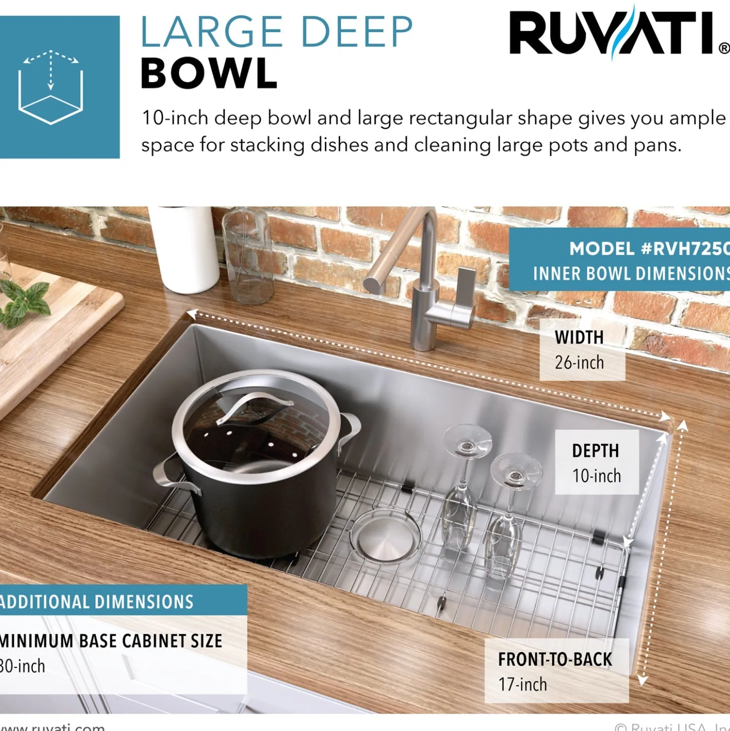 Ruvati 26" Undermount 16 Gauge Single Bowl Kitchen Sink