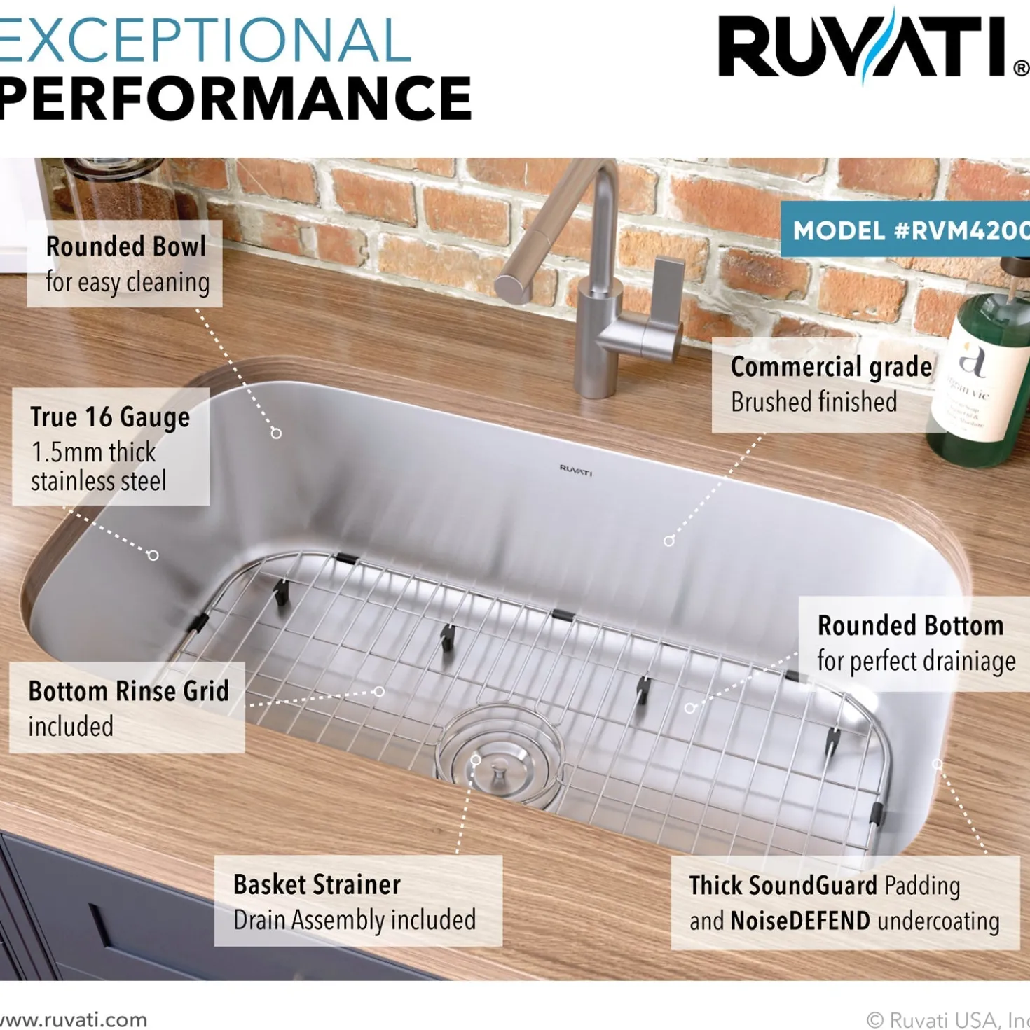 Ruvati 32" Undermount 16 Gauge Stainless Steel Single Bowl Kitchen Sink