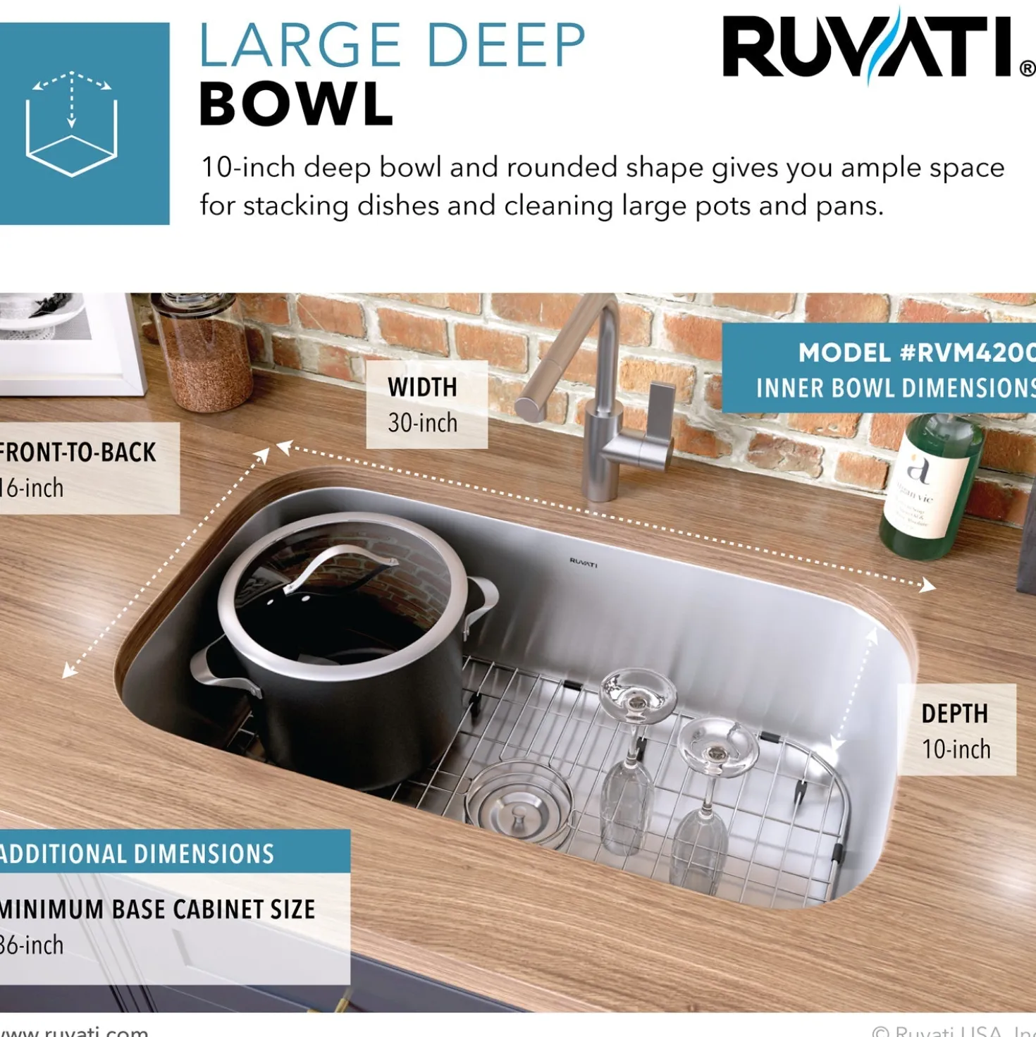 Ruvati 32" Undermount 16 Gauge Stainless Steel Single Bowl Kitchen Sink