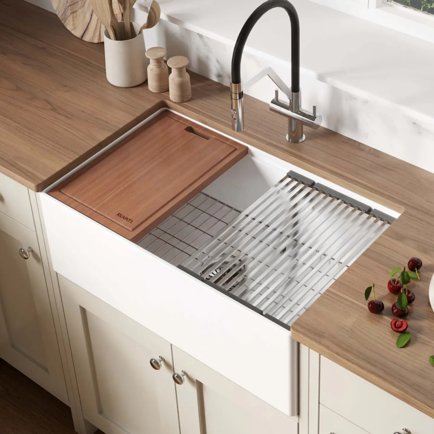 Ruvati 30" White Fireclay Apron Workstation Sink