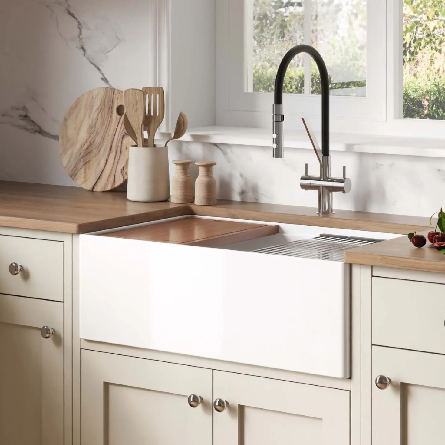 Ruvati 30" White Fireclay Apron Workstation Sink