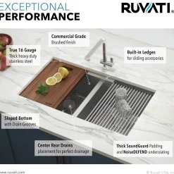 Ruvati Workstation Ledge 50/50 Double Bowl Undermount 16 Gauge Stainless Steel Kitchen Sink