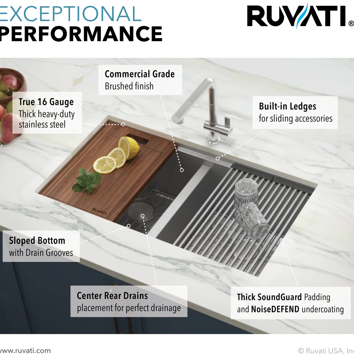 Ruvati Workstation Ledge 50/50 Double Bowl Undermount 16 Gauge Stainless Steel Kitchen Sink