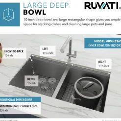 Ruvati Workstation Ledge 50/50 Double Bowl Undermount 16 Gauge Stainless Steel Kitchen Sink