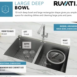 Ruvati Workstation Ledge 50/50 Double Bowl Undermount 16 Gauge Stainless Steel Kitchen Sink