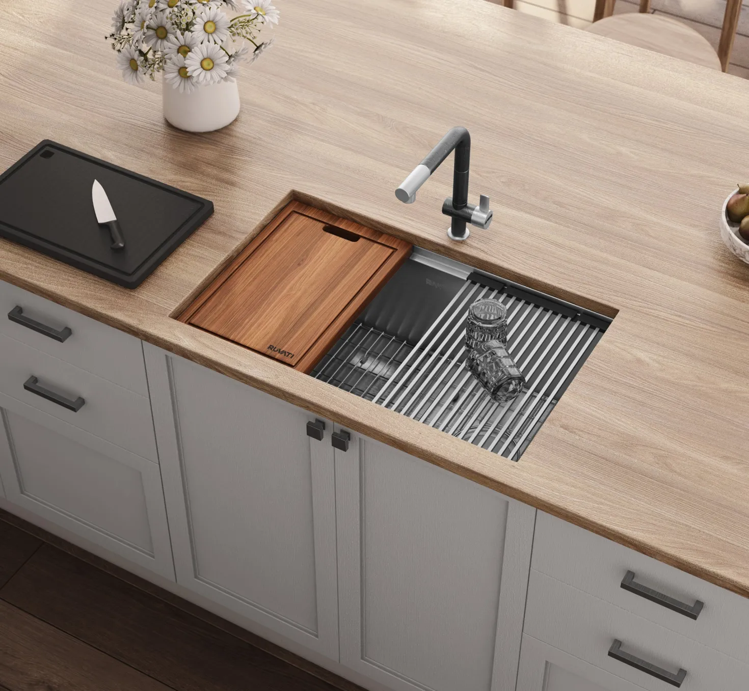 Ruvati 27" Workstation Slope Bottom Offset Drain Undermount 16 Gauge Kitchen Sink