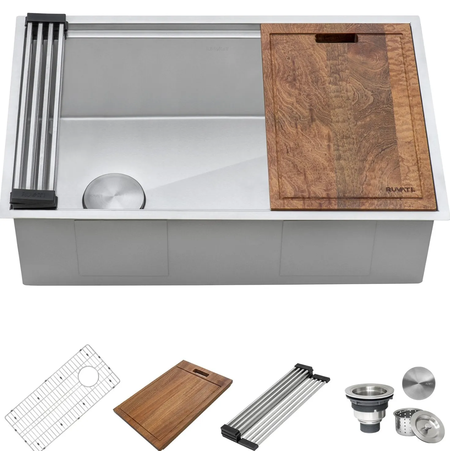Ruvati 33" Workstation Slope Bottom Offset Drain Undermount 16 Gauge Kitchen Sink