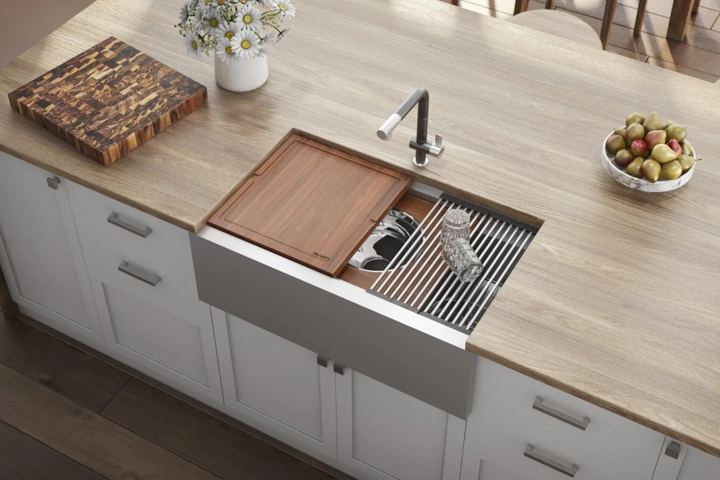 Ruvati 33" Workstation Two Tiered Kitchen Sink Apron Front 16 Gauge Stainless Steel