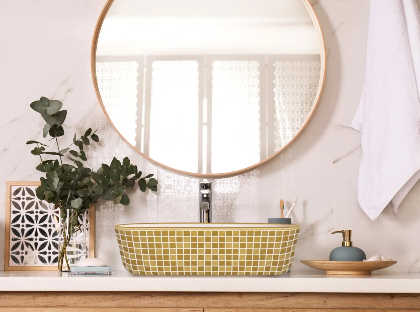 Ruvati 15" x 15" Bathroom Vessel Sink with Gold Pattern Exterior in White