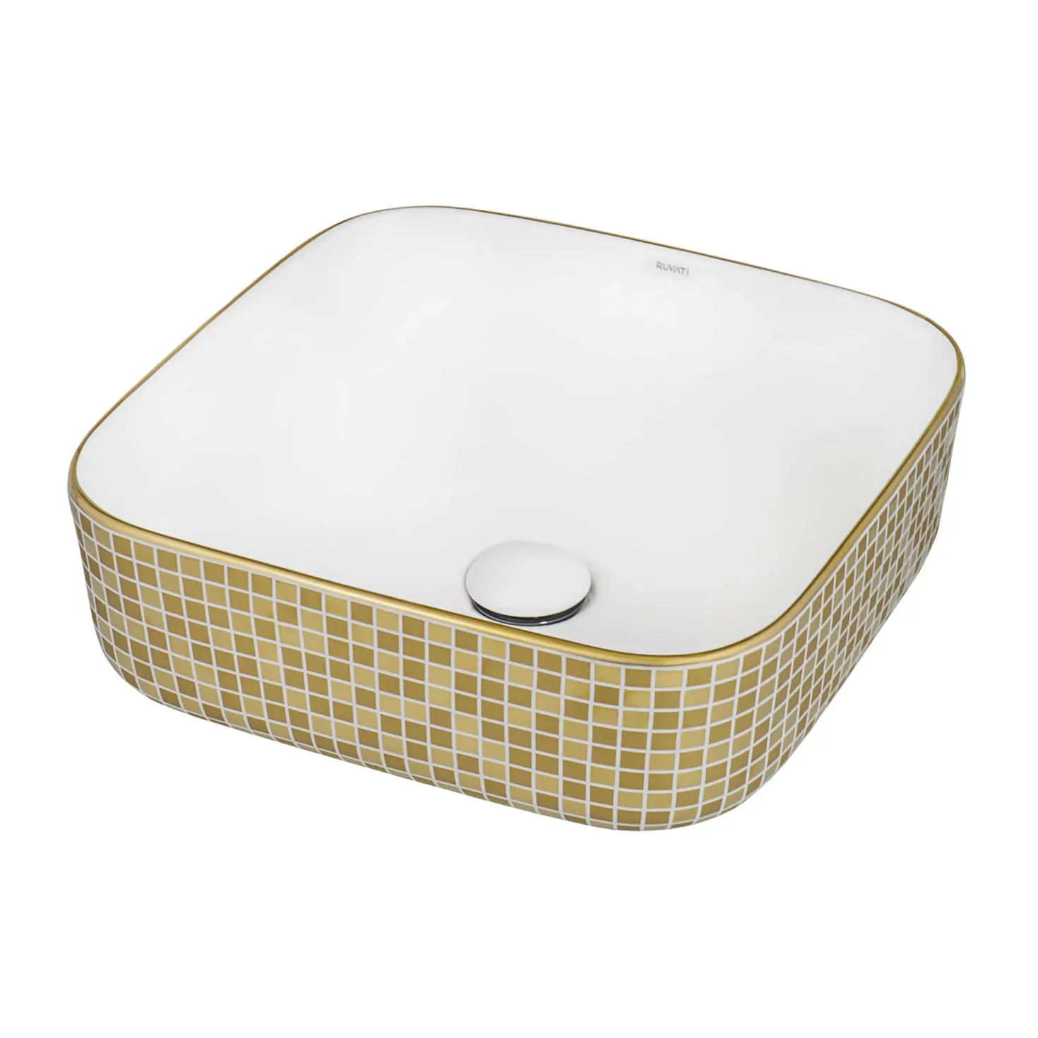 Ruvati 15" x 15" Bathroom Vessel Sink with Gold Pattern Exterior in White