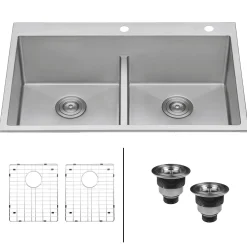 Ruvati 33 x 22" Drop-in 50/50 Double Bowl Tight Radius 16 Gauge Topmount Stainless Steel Kitchen Sink