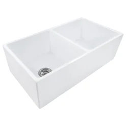 Ruvati 33 x 18" Fireclay Farmhouse Apron-Front Double Bowl Kitchen Sink in White
