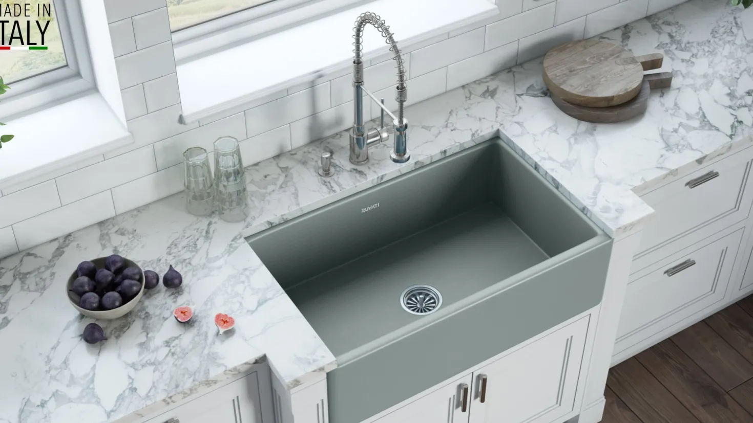 Ruvati 33 x 20" Fireclay Reversible Farmhouse Apron-Front Kitchen Sink Single Bowl