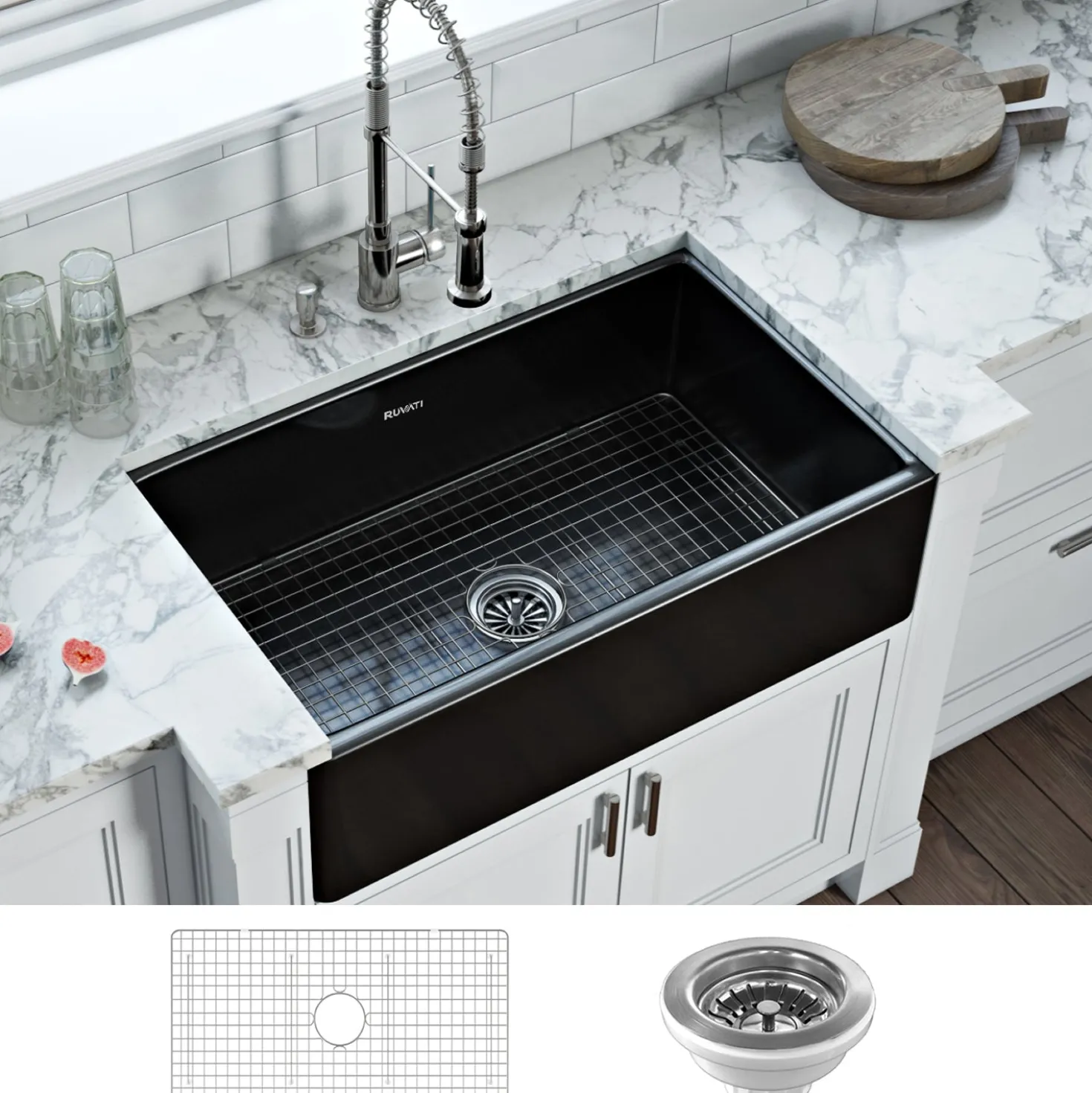 Ruvati 33 x 20" Fireclay Reversible Farmhouse Apron-Front Kitchen Sink Single Bowl