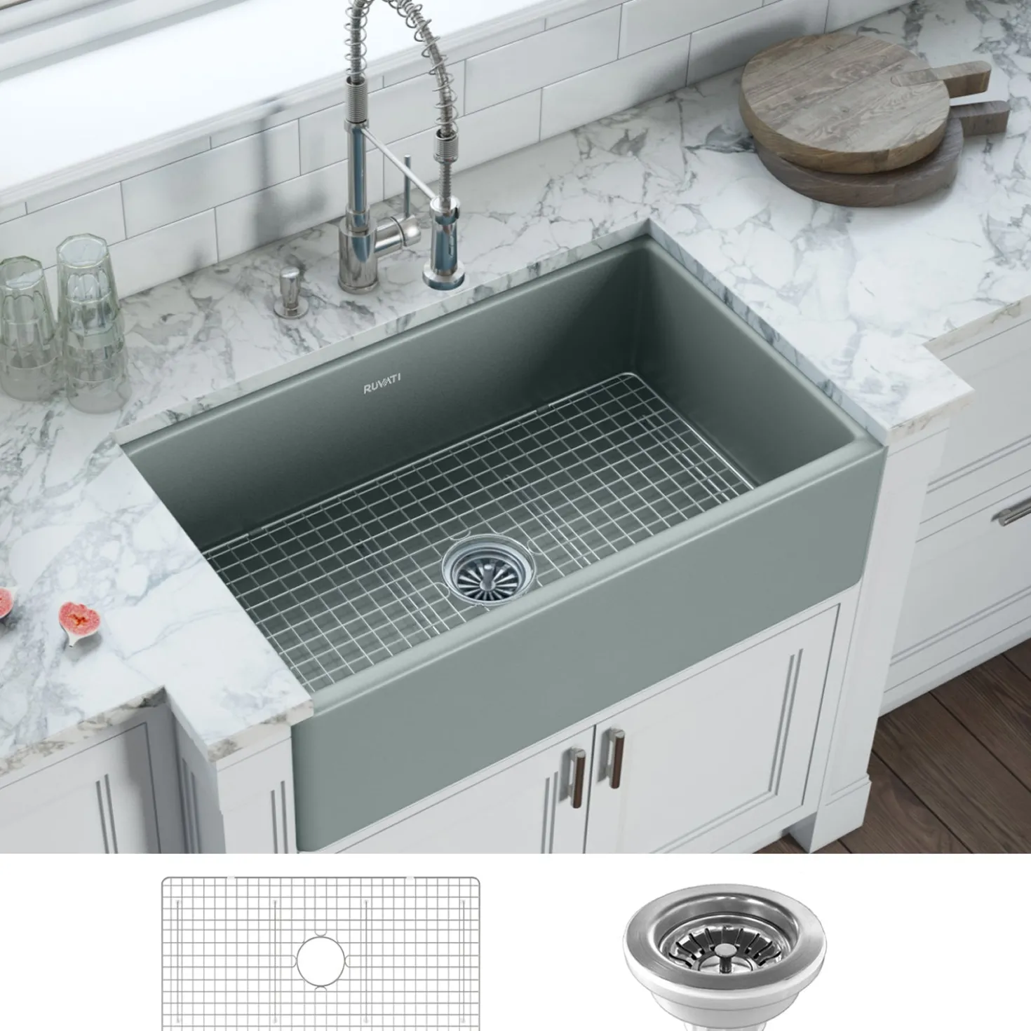 Ruvati 33 x 20" Fireclay Reversible Farmhouse Apron-Front Kitchen Sink Single Bowl