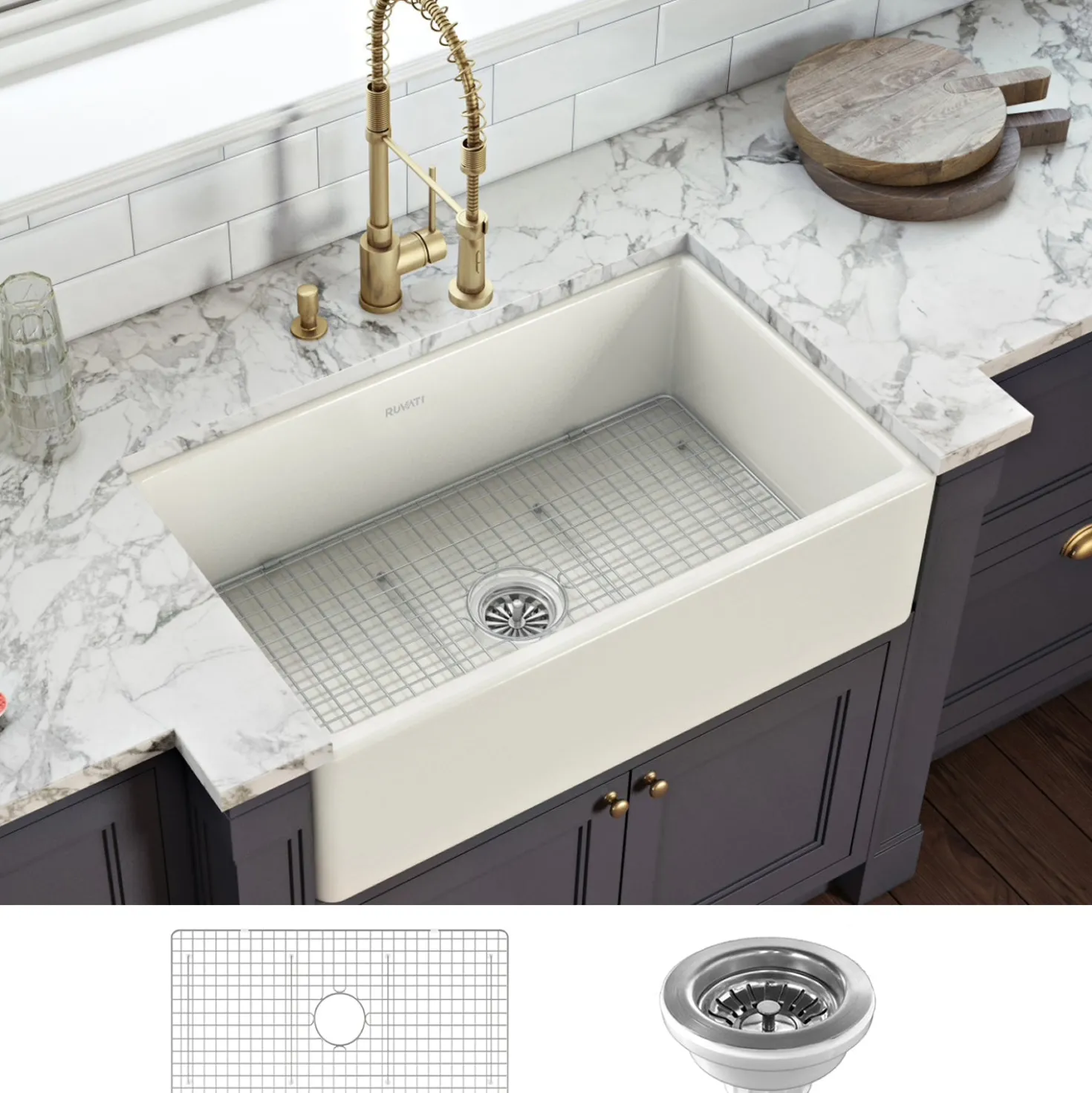 Ruvati 33 x 20" Fireclay Reversible Farmhouse Apron-Front Kitchen Sink Single Bowl