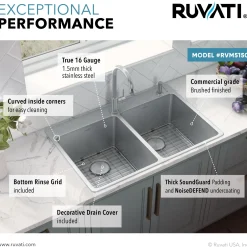 Ruvati 33" x 22" Topmount 50/50 Double Bowl 16 Gauge Stainless Steel Kitchen Sink
