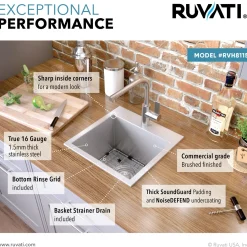 Ruvati 15 x 15" Topmount 16 Gauge Stainless Steel Single Bowl Bar Prep Sink
