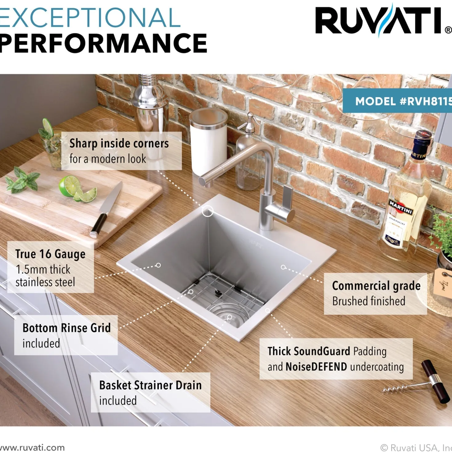 Ruvati 15 x 15" Topmount 16 Gauge Stainless Steel Single Bowl Bar Prep Sink