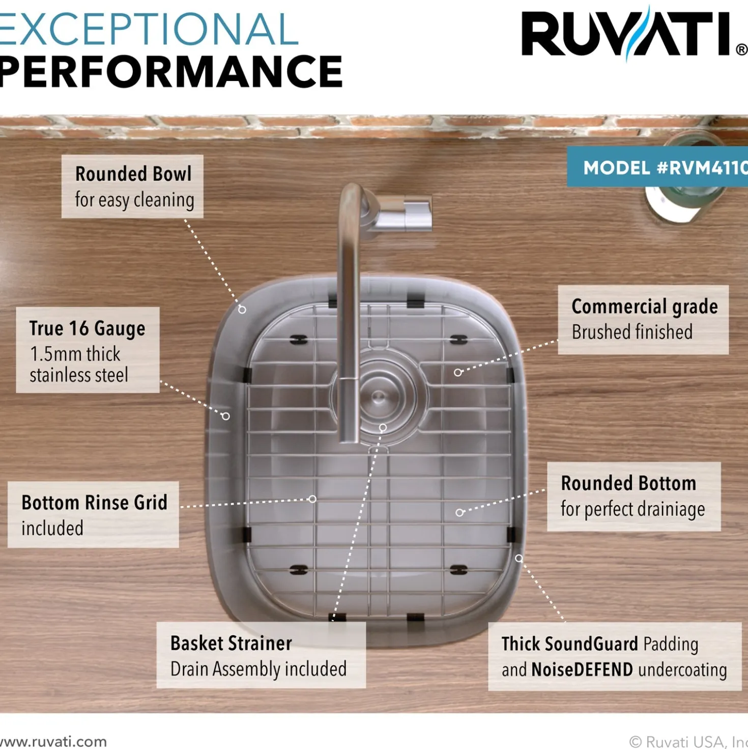 Ruvati 15 x 18" Undermount 16 Gauge Stainless Steel Bar Prep Sink