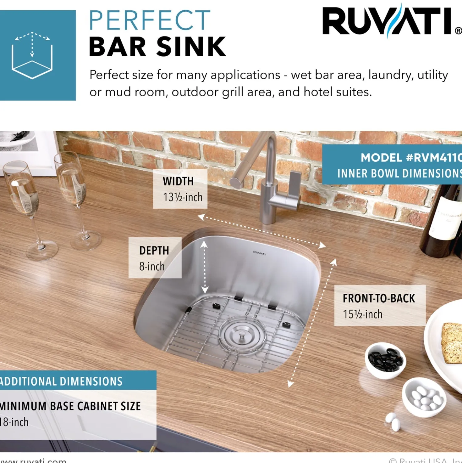 Ruvati 15 x 18" Undermount 16 Gauge Stainless Steel Bar Prep Sink