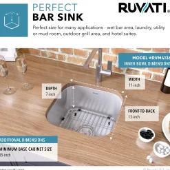 Ruvati 13 x 15" Undermount 16 Gauge Stainless Steel Bar Prep Sink