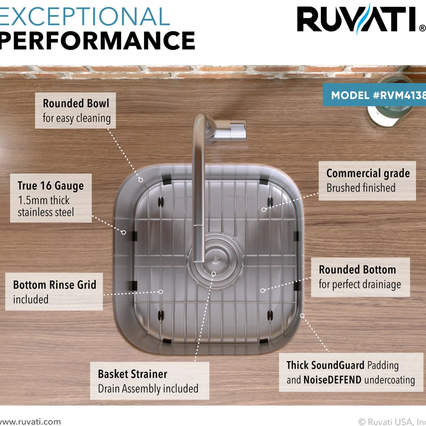 Ruvati 16 x 16" Undermount 16 Gauge Stainless Steel Bar Prep Sink