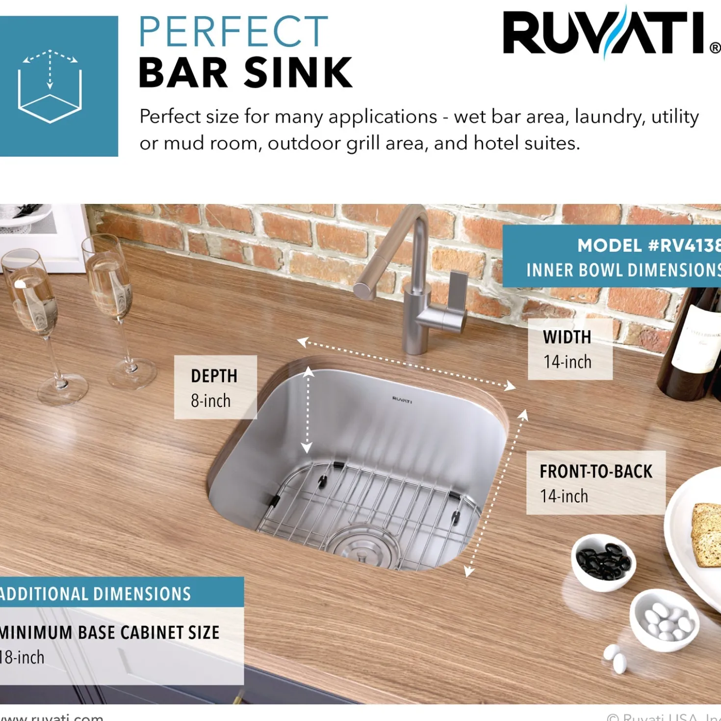 Ruvati 16 x 16" Undermount 16 Gauge Stainless Steel Bar Prep Sink