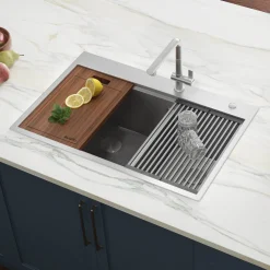 Ruvati 33 x 22" Workstation Drop-in 60/40 Double Bowl Topmount Tight Radius 16 Gauge Stainless Steel Ledge Kitchen Sink