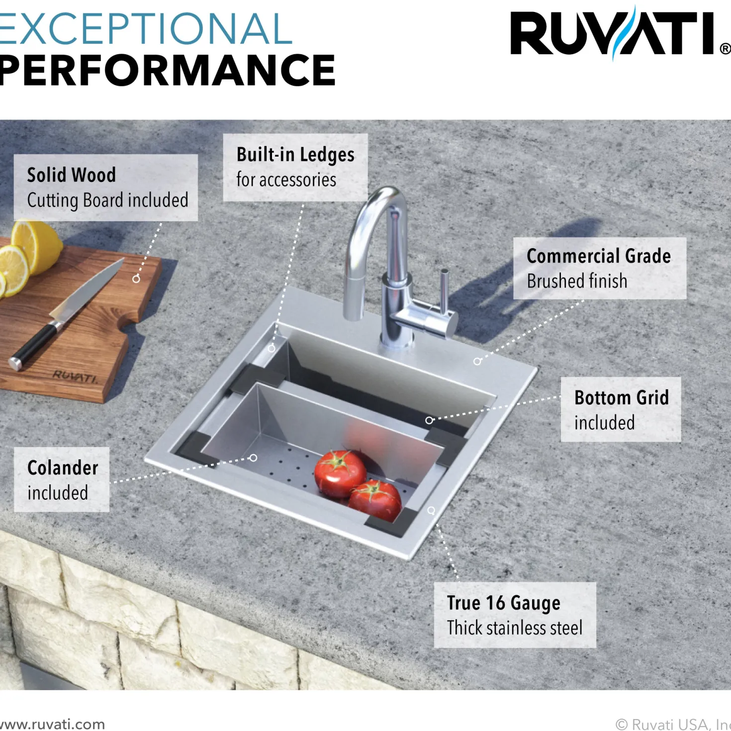 Ruvati 15 x 15" Workstation Drop-in Topmount 16 Gauge Stainless Steel Bar Prep RV Sink