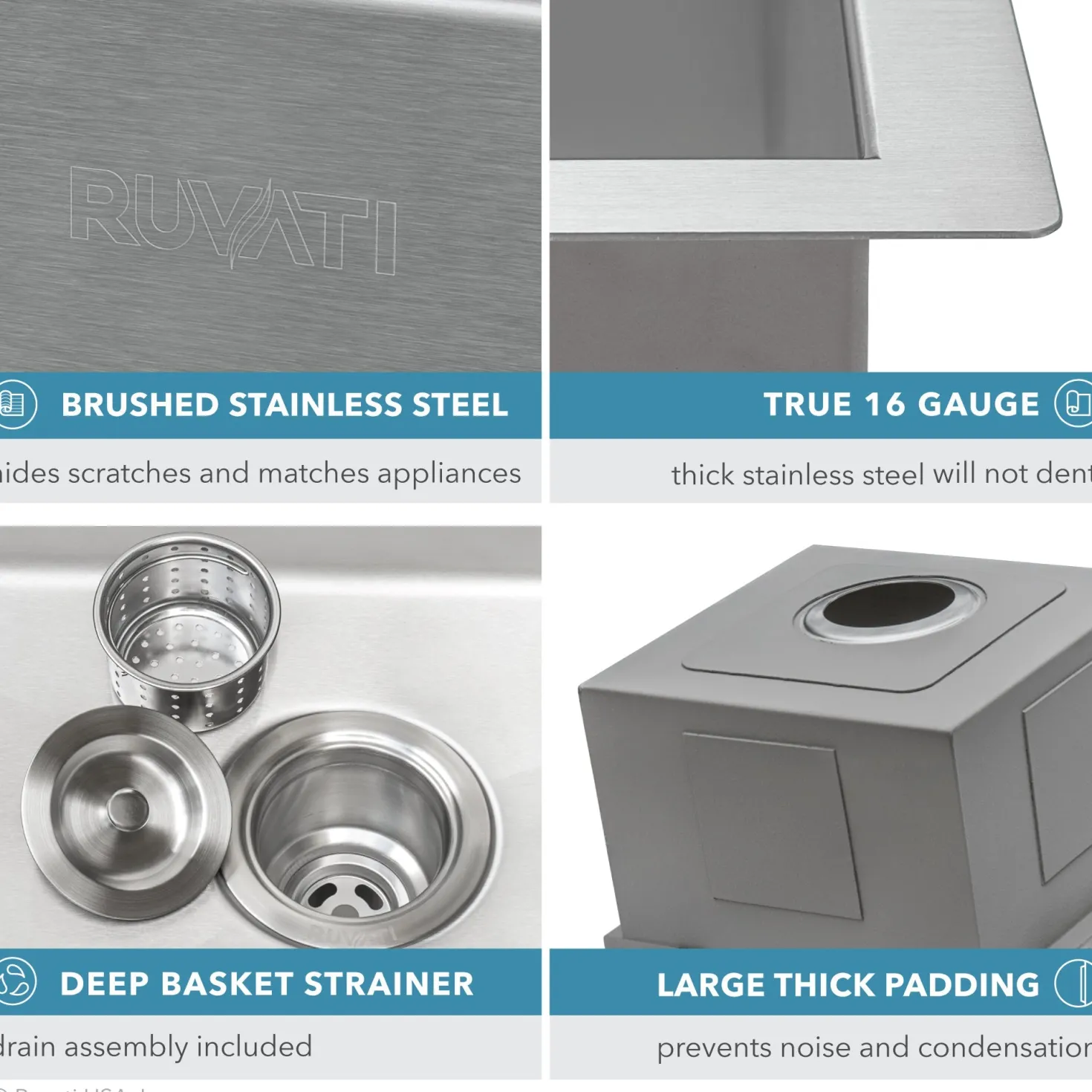 Ruvati 15 x 15" Workstation Drop-in Topmount 16 Gauge Stainless Steel Bar Prep RV Sink