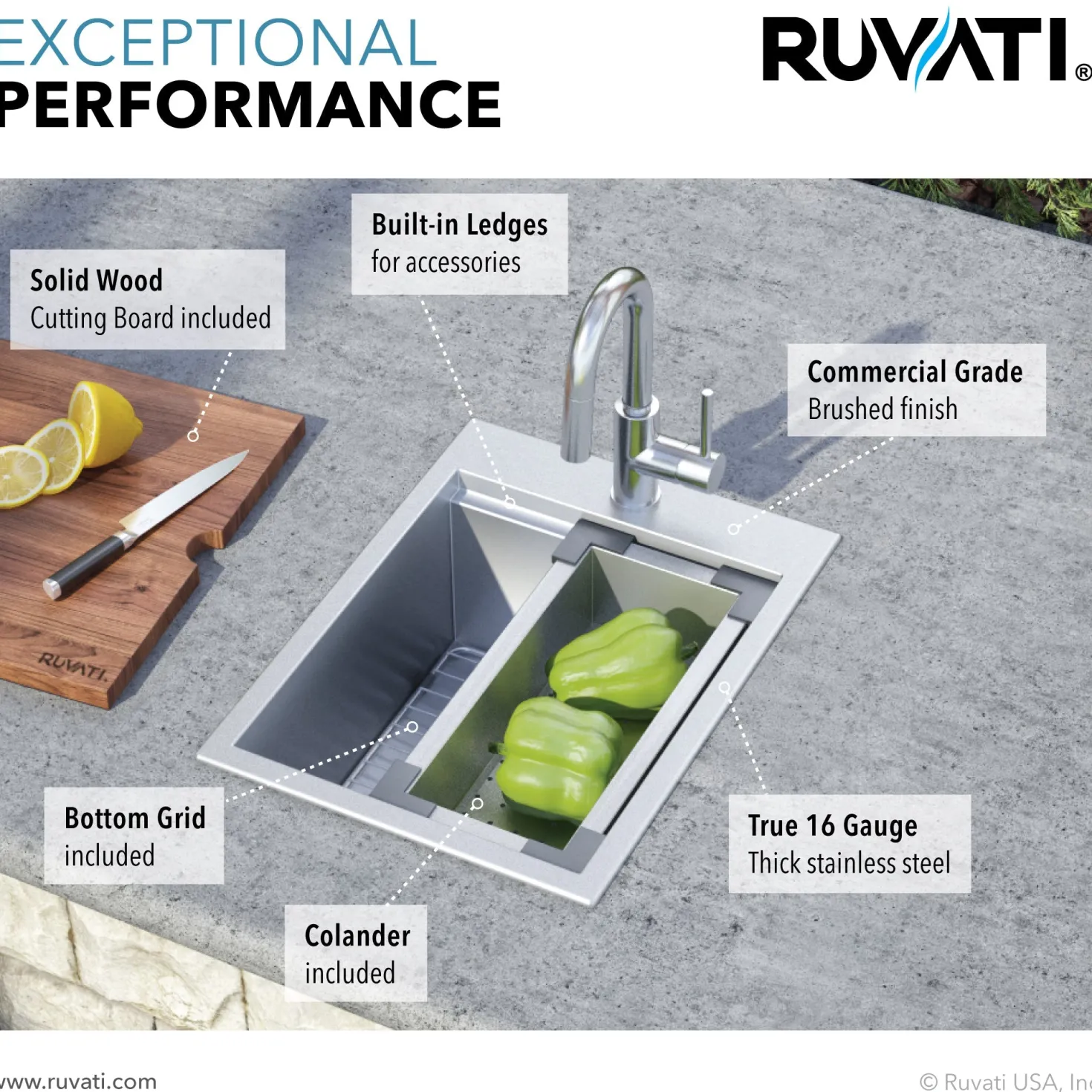 Ruvati 15 x 20" Workstation Drop-in Topmount 16 Gauge Stainless Steel Bar Prep RV Sink