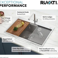 Ruvati 33 x 22" Workstation Ledge Drop-in Tight Radius 16 Gauge Stainless Steel Single Bowl Kitchen Sink