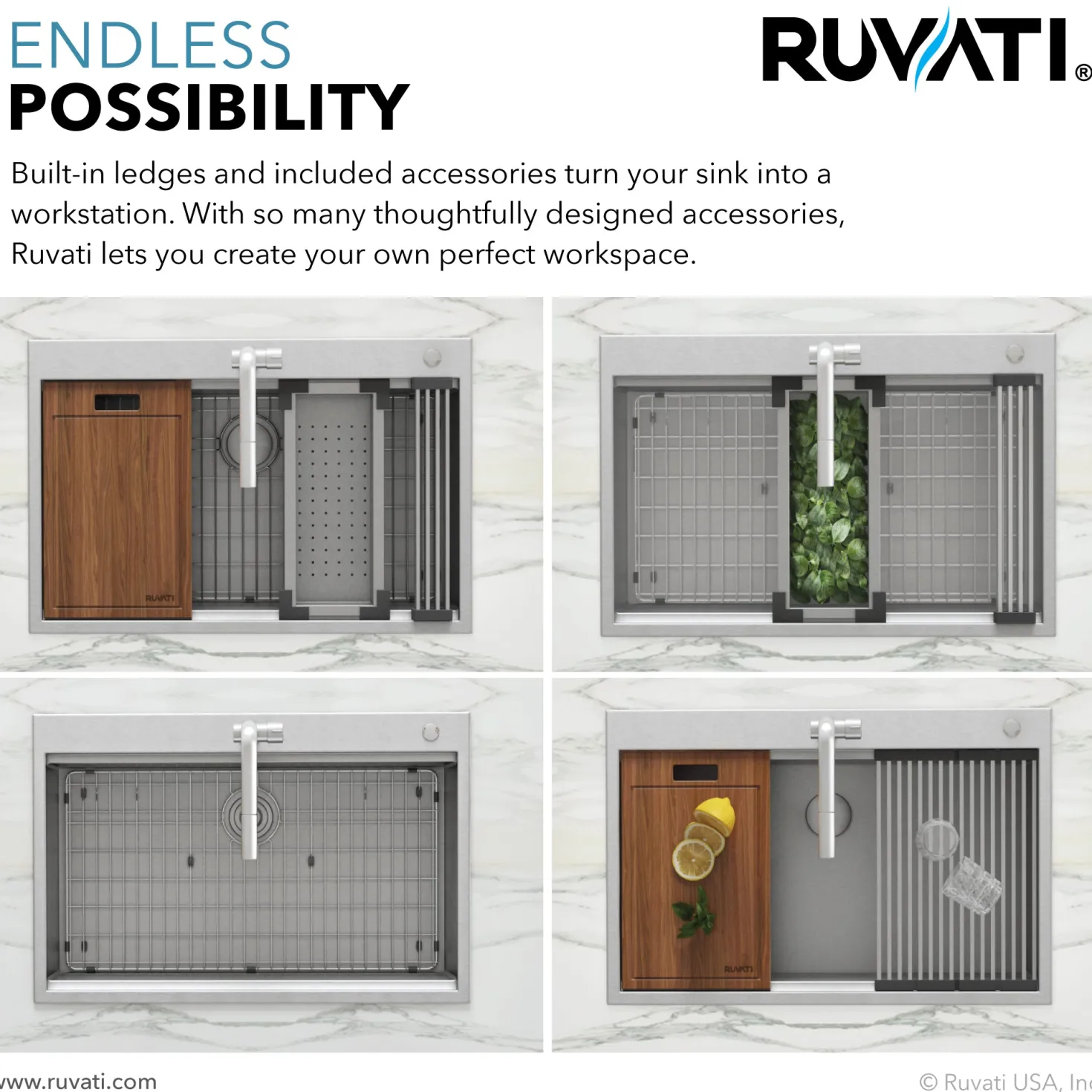 Ruvati 33 x 22" Workstation Ledge Drop-in Tight Radius 16 Gauge Stainless Steel Single Bowl Kitchen Sink