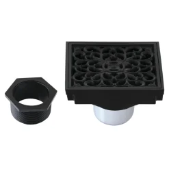 Scroll 4" Brass Square Grid Shower Drain with Flange and Hair Trap