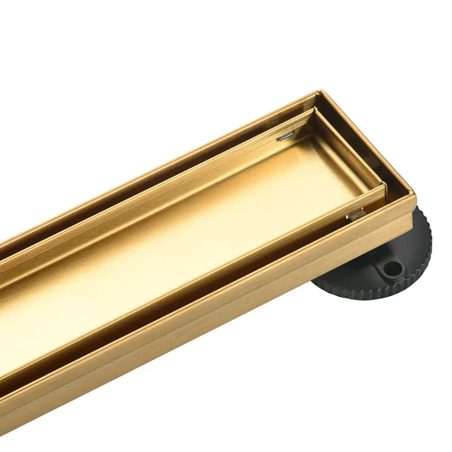 60" Stainless Steel Linear Shower Drain with Tile Insert & Flat Grate in Brushed Brass