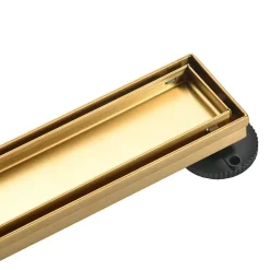 28" Stainless Steel Linear Shower Drain with Tile Insert & Flat Grate in Brushed Brass