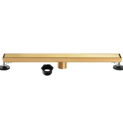 28" Stainless Steel Linear Shower Drain with Tile Insert & Flat Grate in Brushed Brass